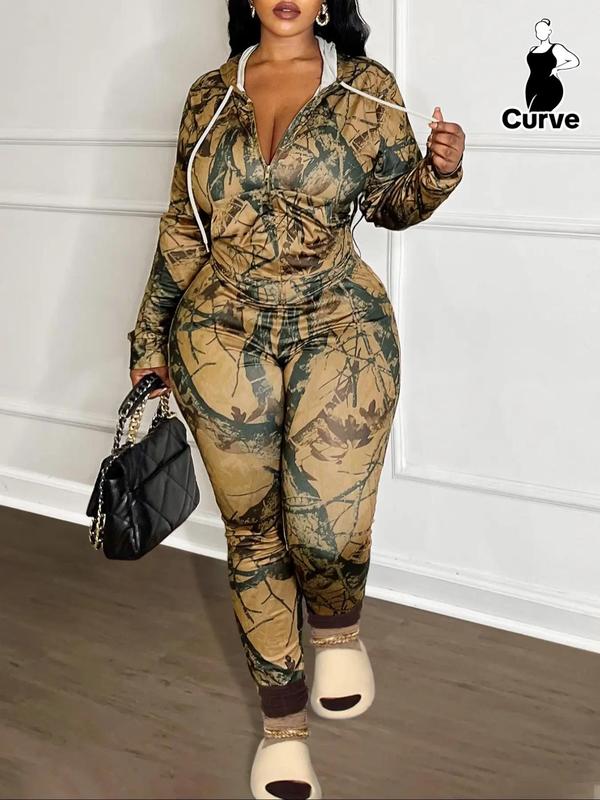  Two-piece Set All Over Print Zip Up Hooded Jacket & Skinny Pants, Long Sleeve Drawstring Pocket Outerwear & Trousers, Two Piece Set Women, Women's Outfits for Fall & Winter, Downtown Girl Clothes